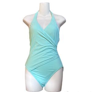ANNE COLE SHIRRED FRONT HALTER ONE PIECE SWIMSUIT MINT SIZE